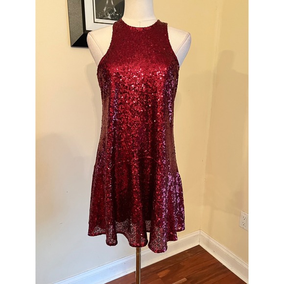 Free People Liquid Shine Sequin Mini Dress Cranberry Red Keyhole Back XS - Picture 2 of 8